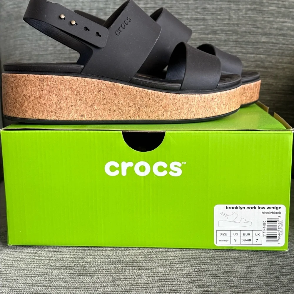 CROCS Women's Black Cork Low Wedge Sandals - Picture 2 of 6